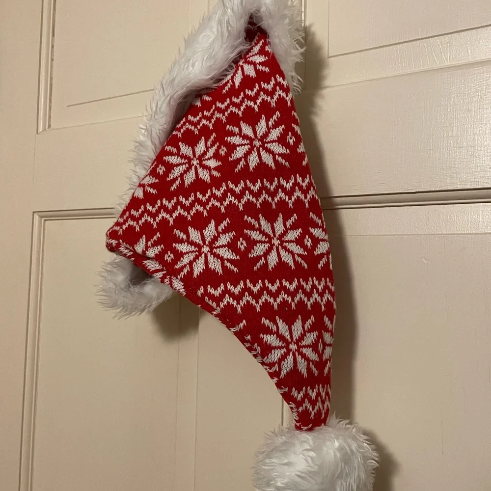 Red Snowflake Knit Santa Hat with White Faux Fur Trim